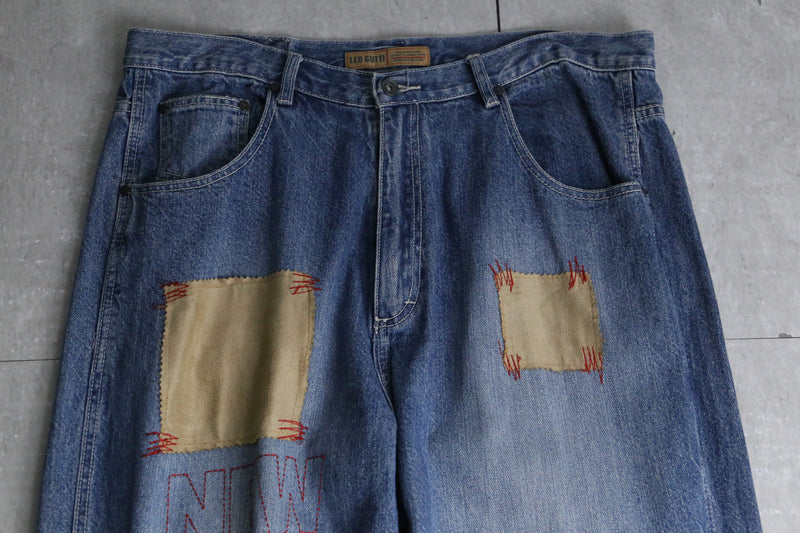 "NBA" embroidery patch blue wide denim pants