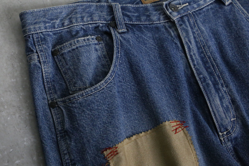 "NBA" embroidery patch blue wide denim pants