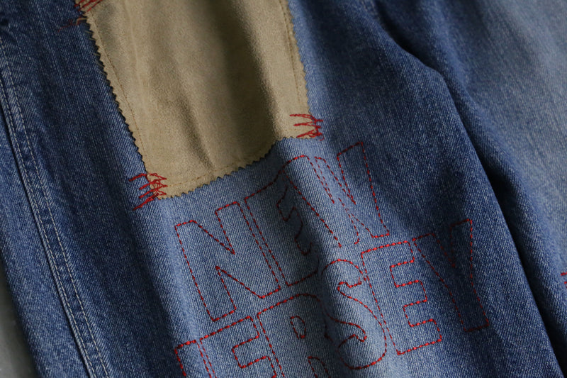 "NBA" embroidery patch blue wide denim pants