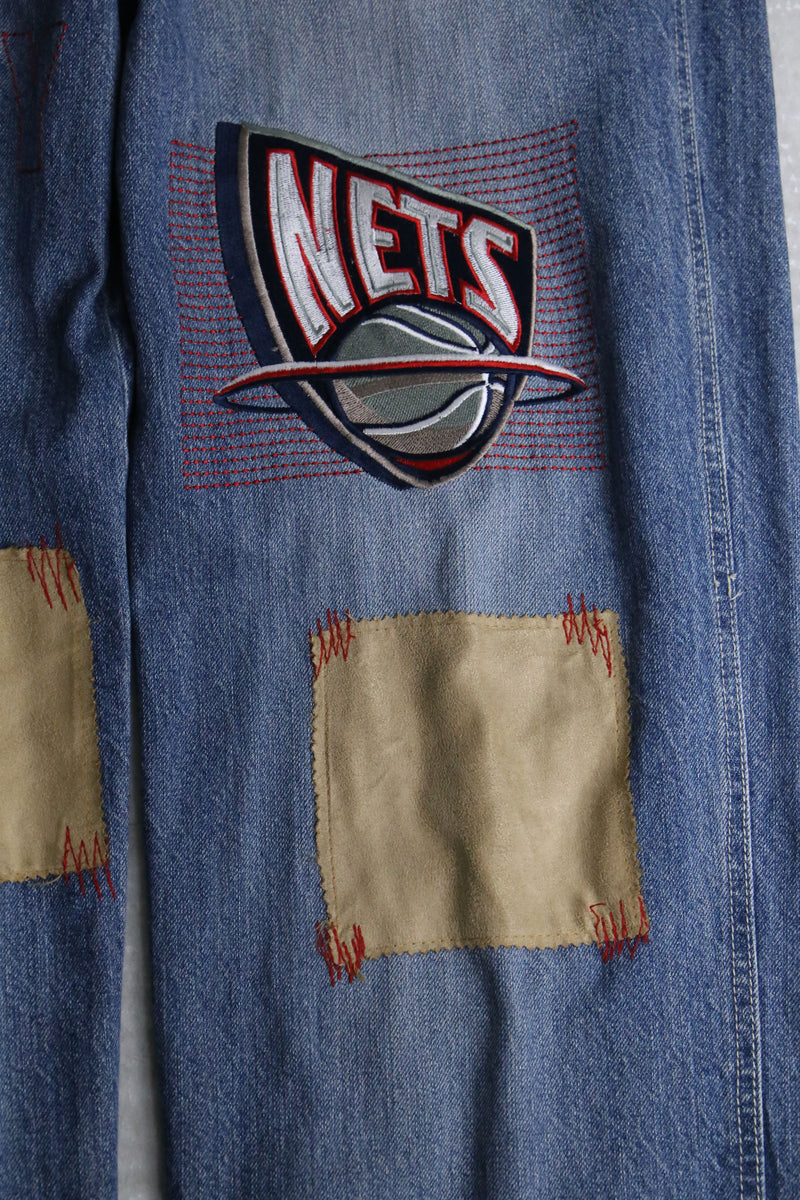 "NBA" embroidery patch blue wide denim pants