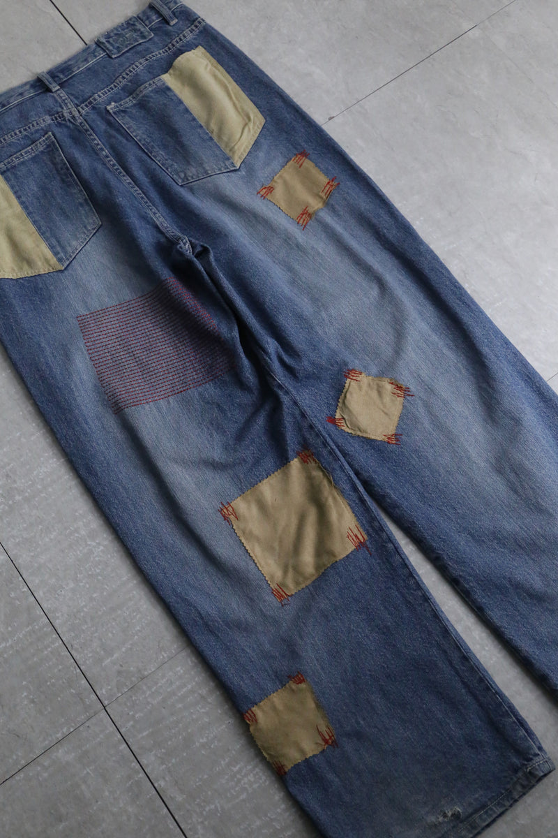 "NBA" embroidery patch blue wide denim pants