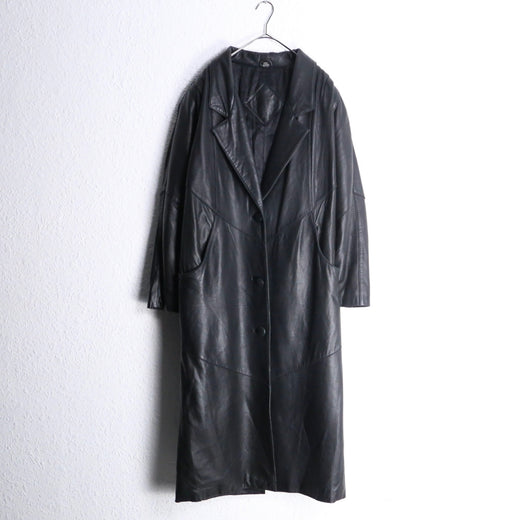 avant garde panelled leather long coat
