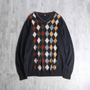 charcoal gray argyle check V-neck knit