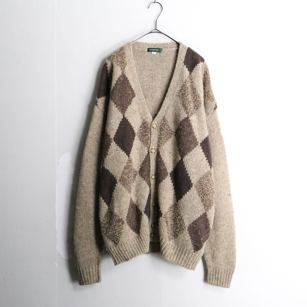 beige×brown argyle knit cardigan