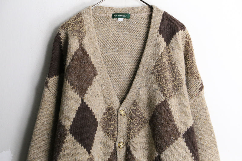 beige×brown argyle knit cardigan