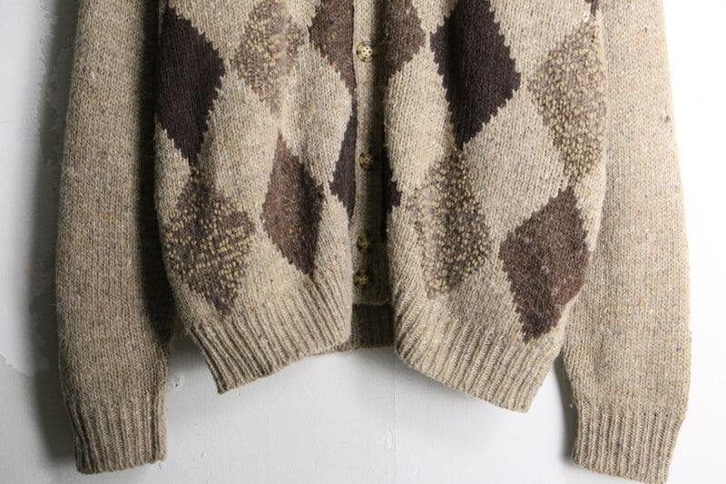 beige×brown argyle knit cardigan