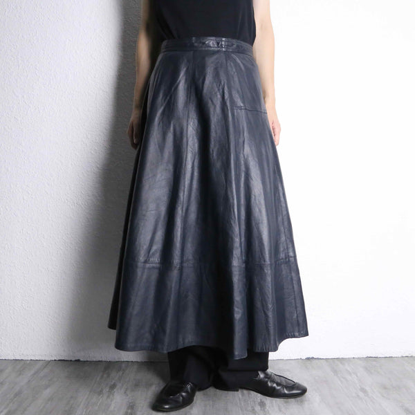 black leather flare long skirt