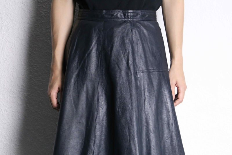 black leather flare long skirt