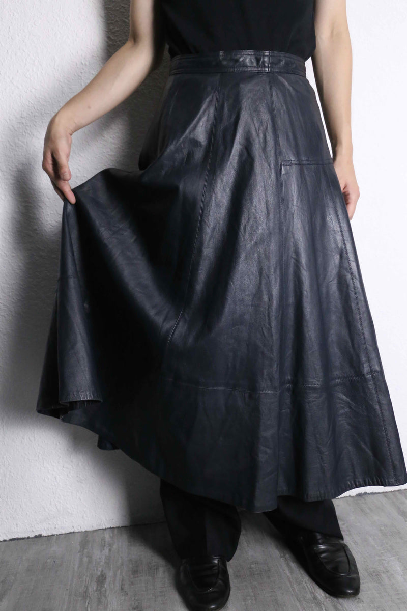 black leather flare long skirt