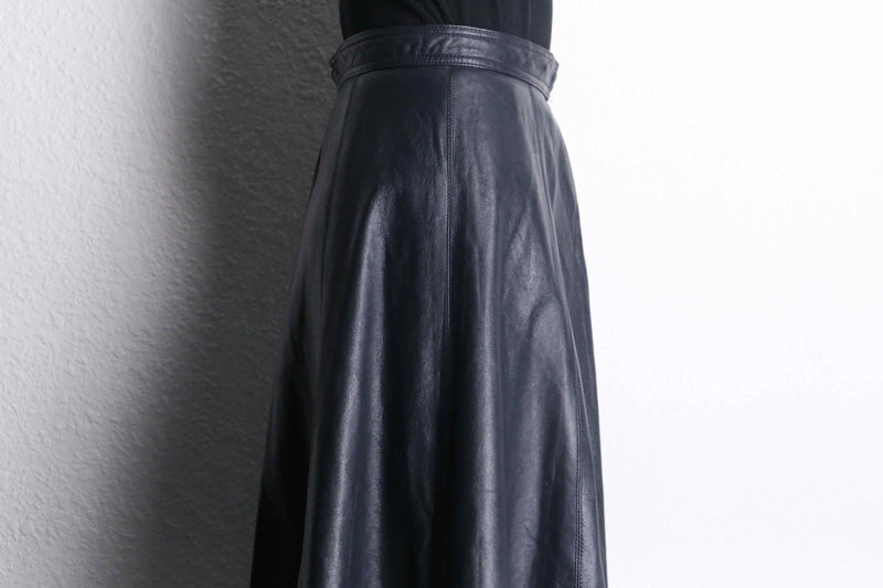 black leather flare long skirt