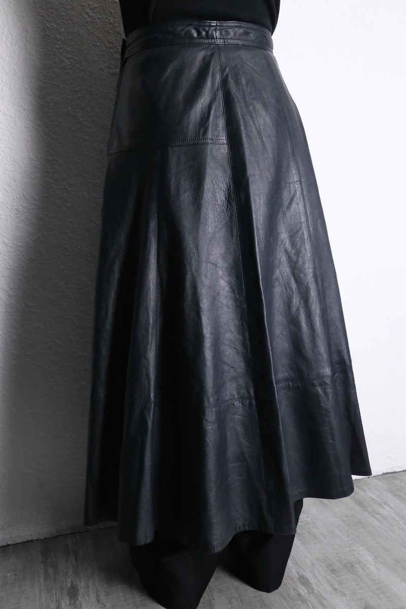 black leather flare long skirt