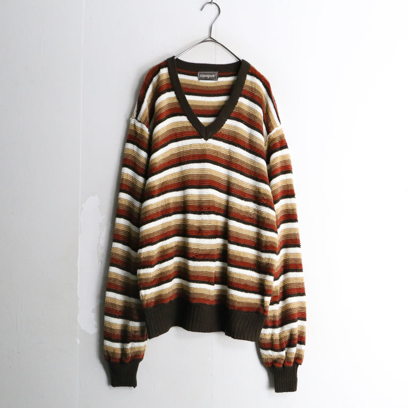 "campus " gradation boarder vneck knit