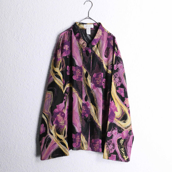 flower graphic sheer band collar shirt