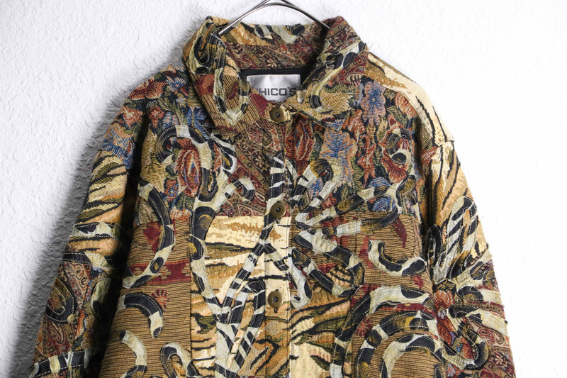 ”CHICO’S” brown base total pattern patchwork gobelin jacket