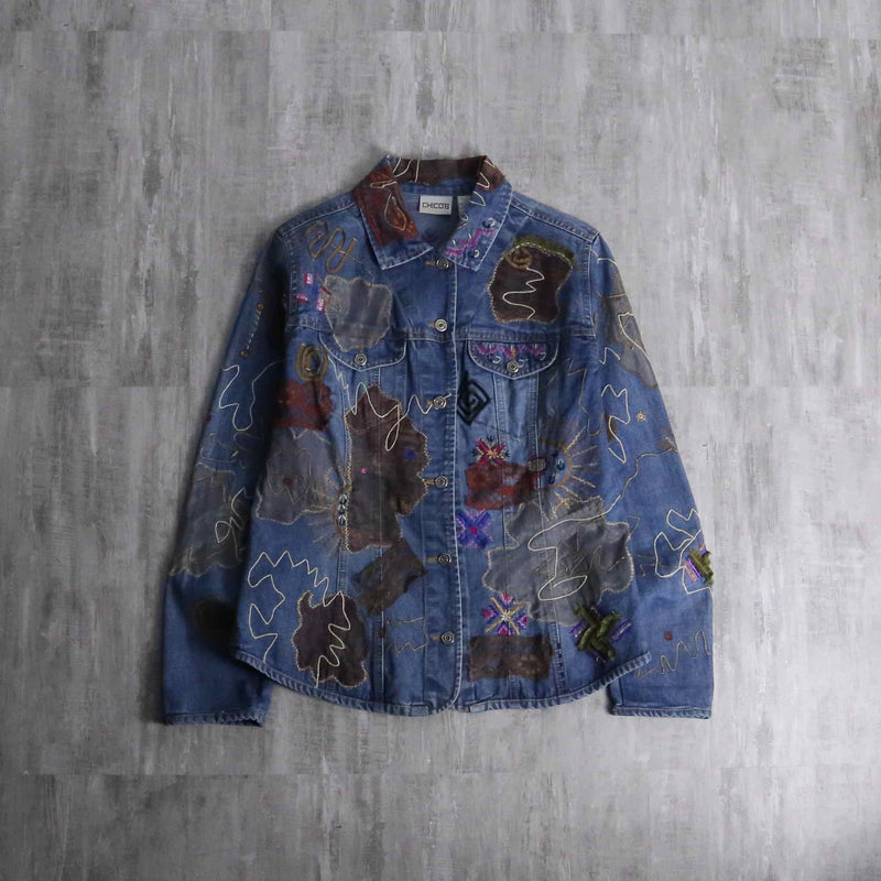 1990s CHICO's patchwork × emb denim tracker jacket