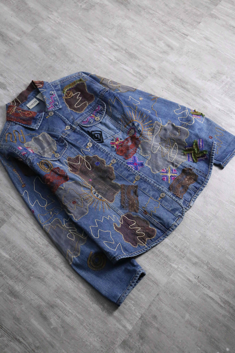 1990s CHICO's patchwork × emb denim tracker jacket