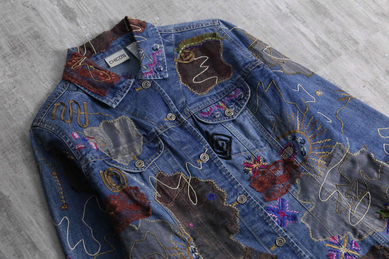 1990s CHICO's patchwork × emb denim tracker jacket