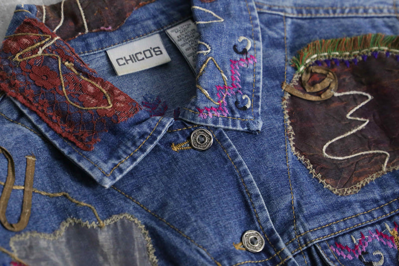 1990s CHICO's patchwork × emb denim tracker jacket