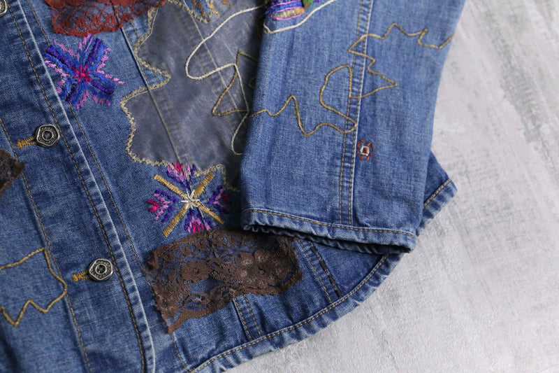 1990s CHICO's patchwork × emb denim tracker jacket