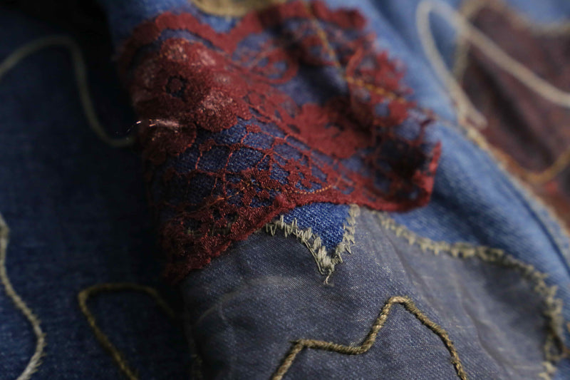 1990s CHICO's patchwork × emb denim tracker jacket