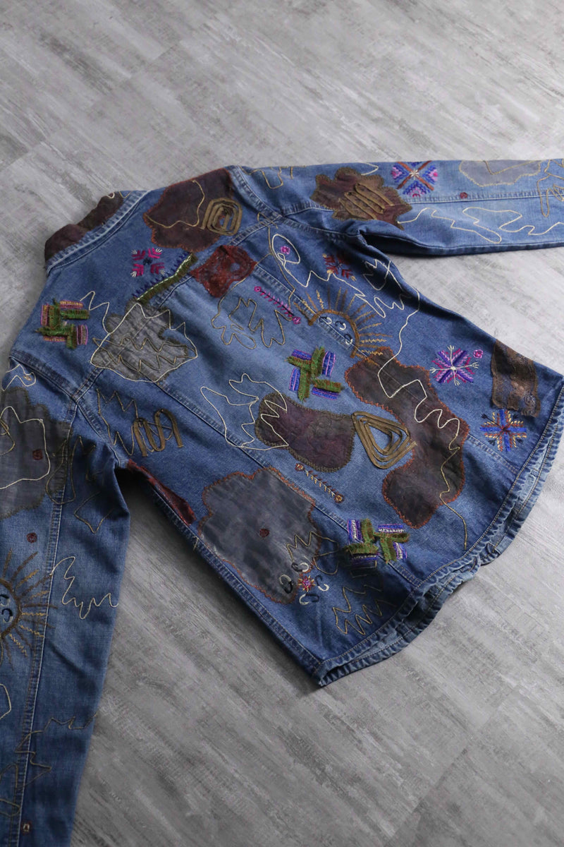 1990s CHICO's patchwork × emb denim tracker jacket