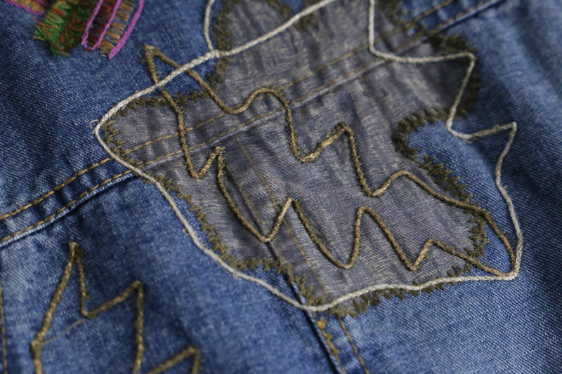 1990s CHICO's patchwork × emb denim tracker jacket
