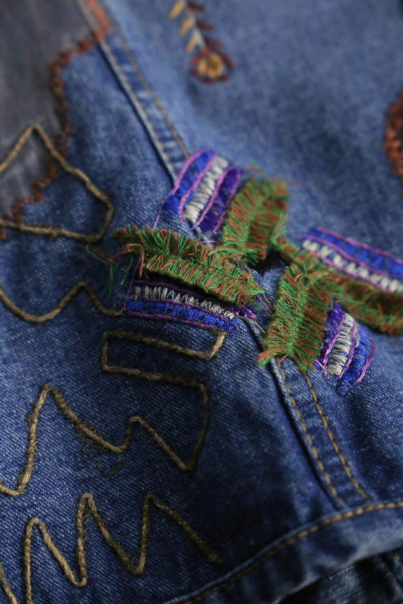 1990s CHICO's patchwork × emb denim tracker jacket