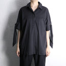 “chico’s” black half button sleeve tie design shirt