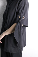 “chico’s” black half button sleeve tie design shirt