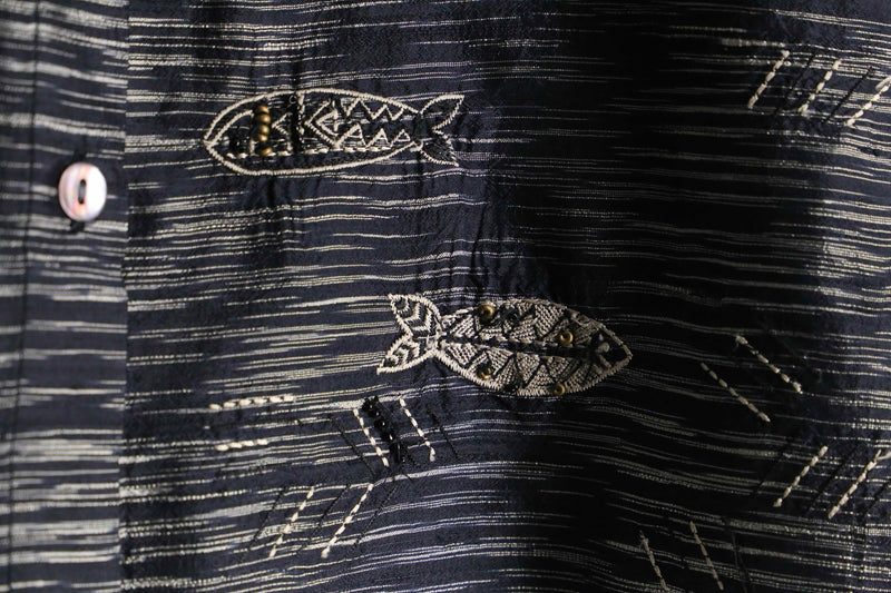 "CHICO'S DESIGN" bluerred&fish design silk shirt jacket