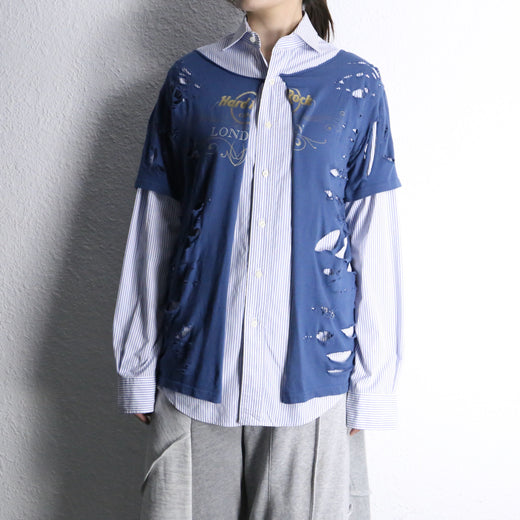 "Re:make" damaged tee docking stripe shirt