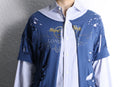 "Re:make" damaged tee docking stripe shirt