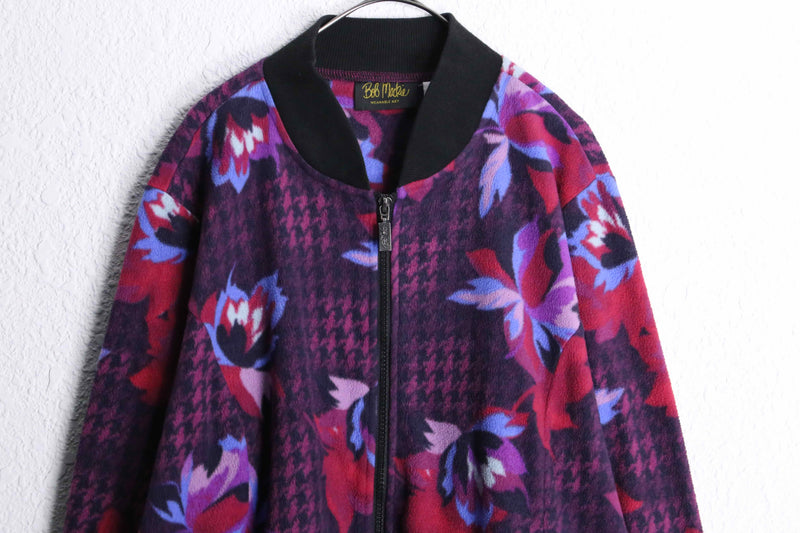 "BOB MACKIE" houndstooth botanical pattern fleece blouson