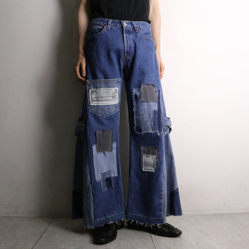 remake "再構築" asymmetry patchwork flare denim pants