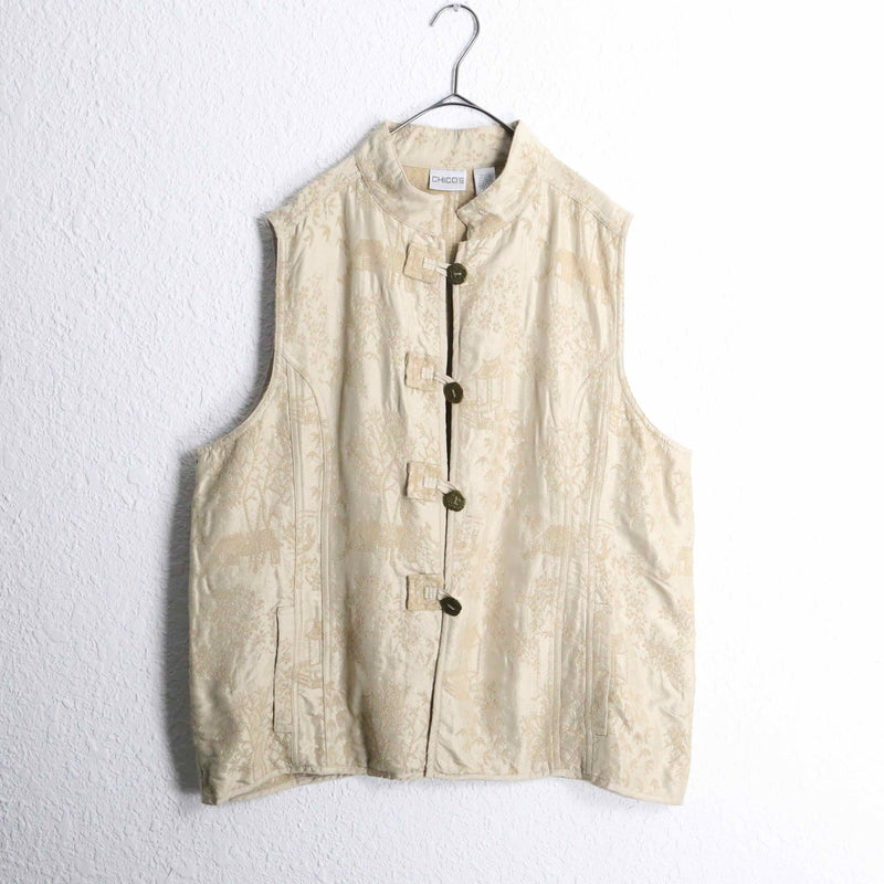 "CHICO'S" cream yellow embroidery button up best