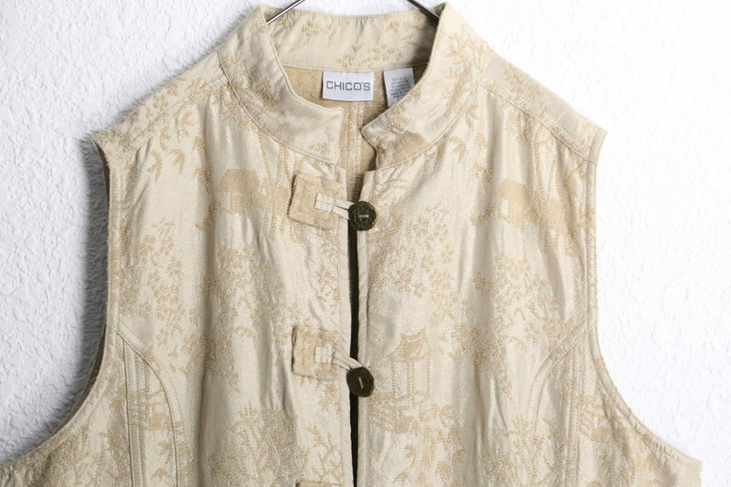 "CHICO'S" cream yellow embroidery button up best