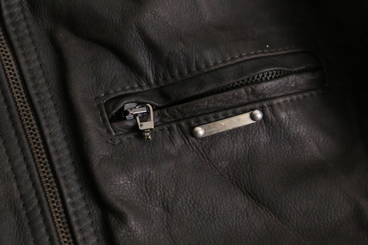 ☆本革☆ ARMANI JEANS シングルライダース 裏地ボルドー 黒 L相当