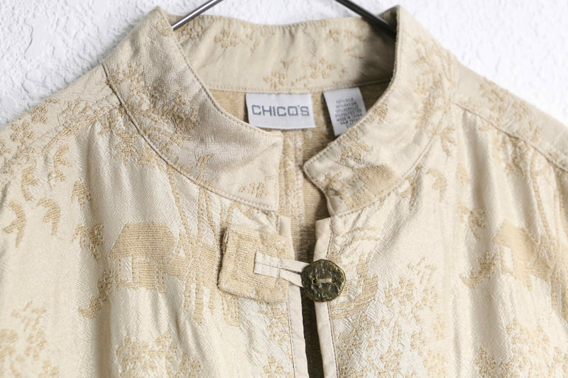 "CHICO'S" cream yellow embroidery button up best