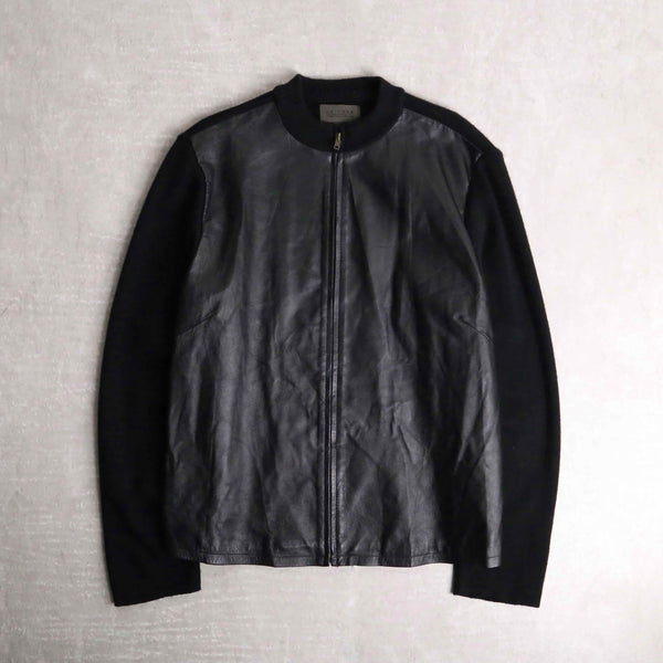 black color leather & knit switch design zip up light jacket