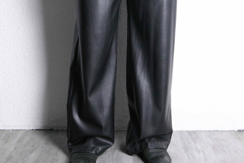 black fake leather wide straight pants