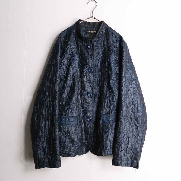 luster navy color botanical design seersucker textile shirt jacket