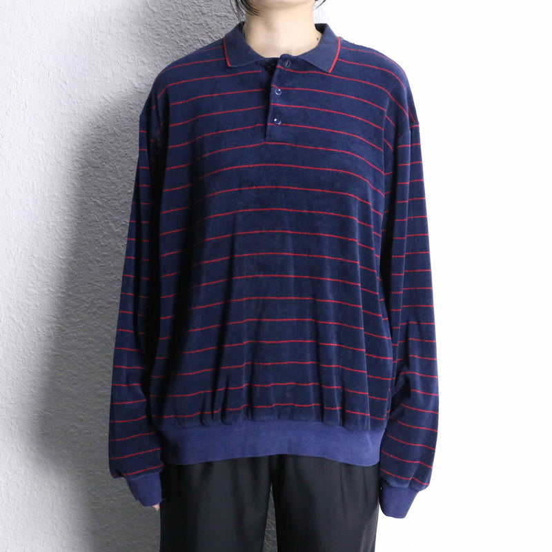 navy red horizontal stripe velours polo shirt