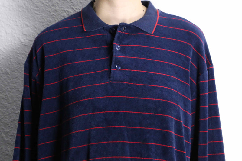 navy red horizontal stripe velours polo shirt