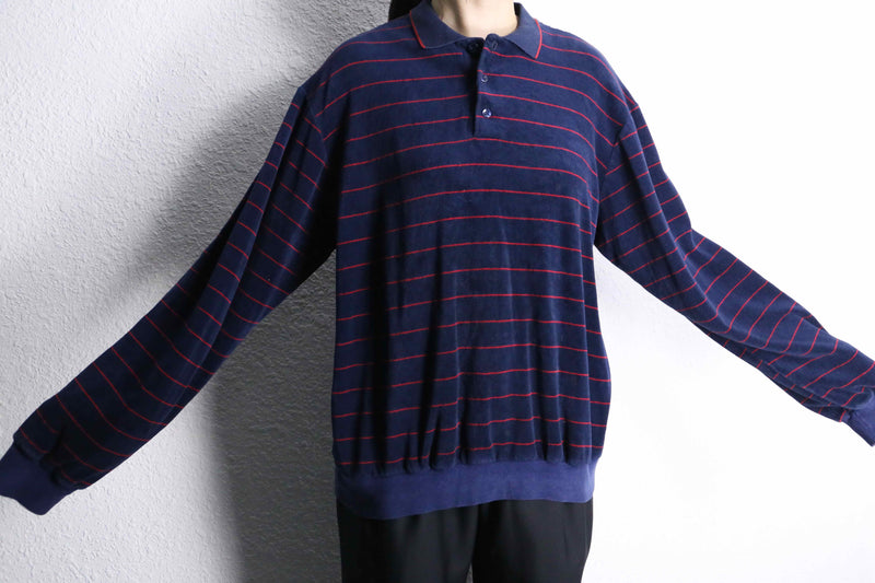 navy red horizontal stripe velours polo shirt