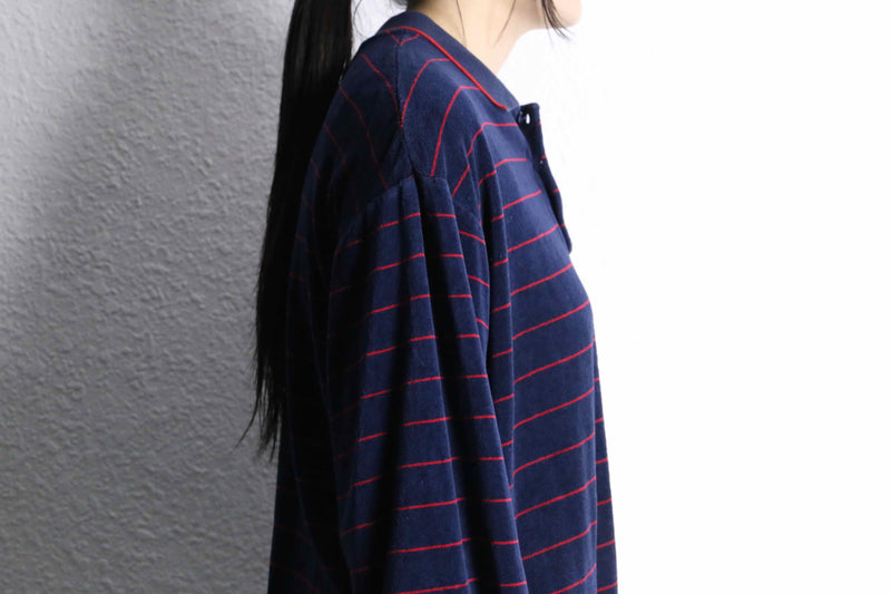navy red horizontal stripe velours polo shirt