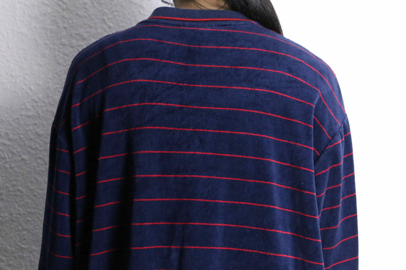 navy red horizontal stripe velours polo shirt