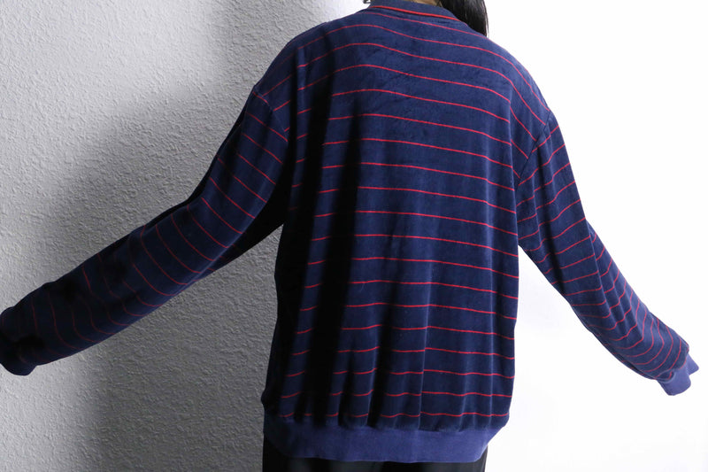 navy red horizontal stripe velours polo shirt