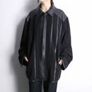 black leather switch stripe zip up jacket