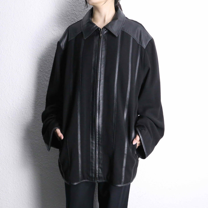 black leather switch stripe zip up jacket