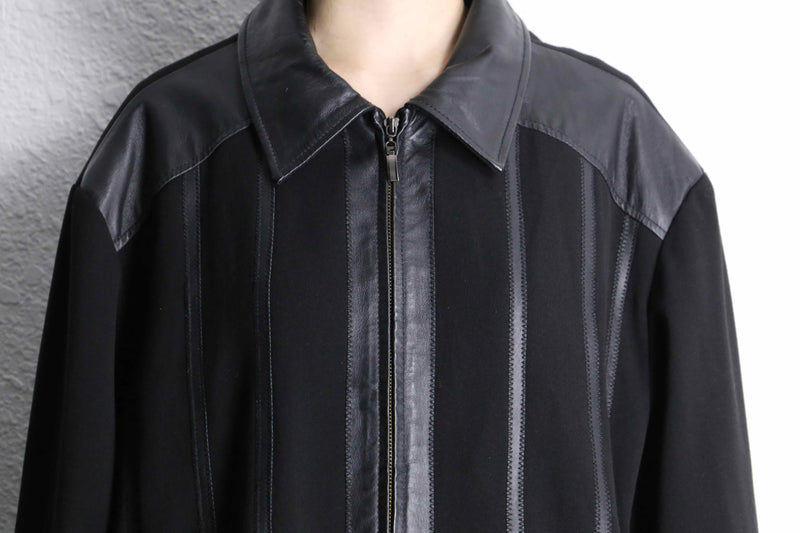 black leather switch stripe zip up jacket